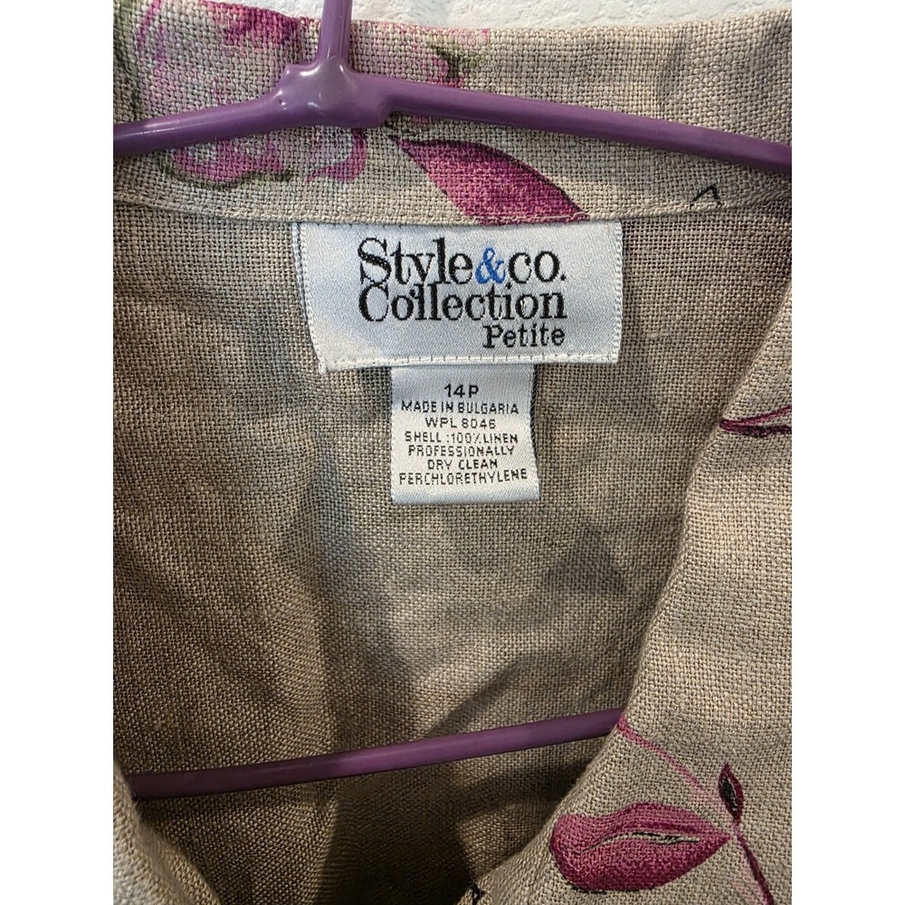 VTG Style & Co Camp Shirt Sz 14P 100% Linen Tan Pink Floral Granola Quiet Luxury - Picture 3 of 5